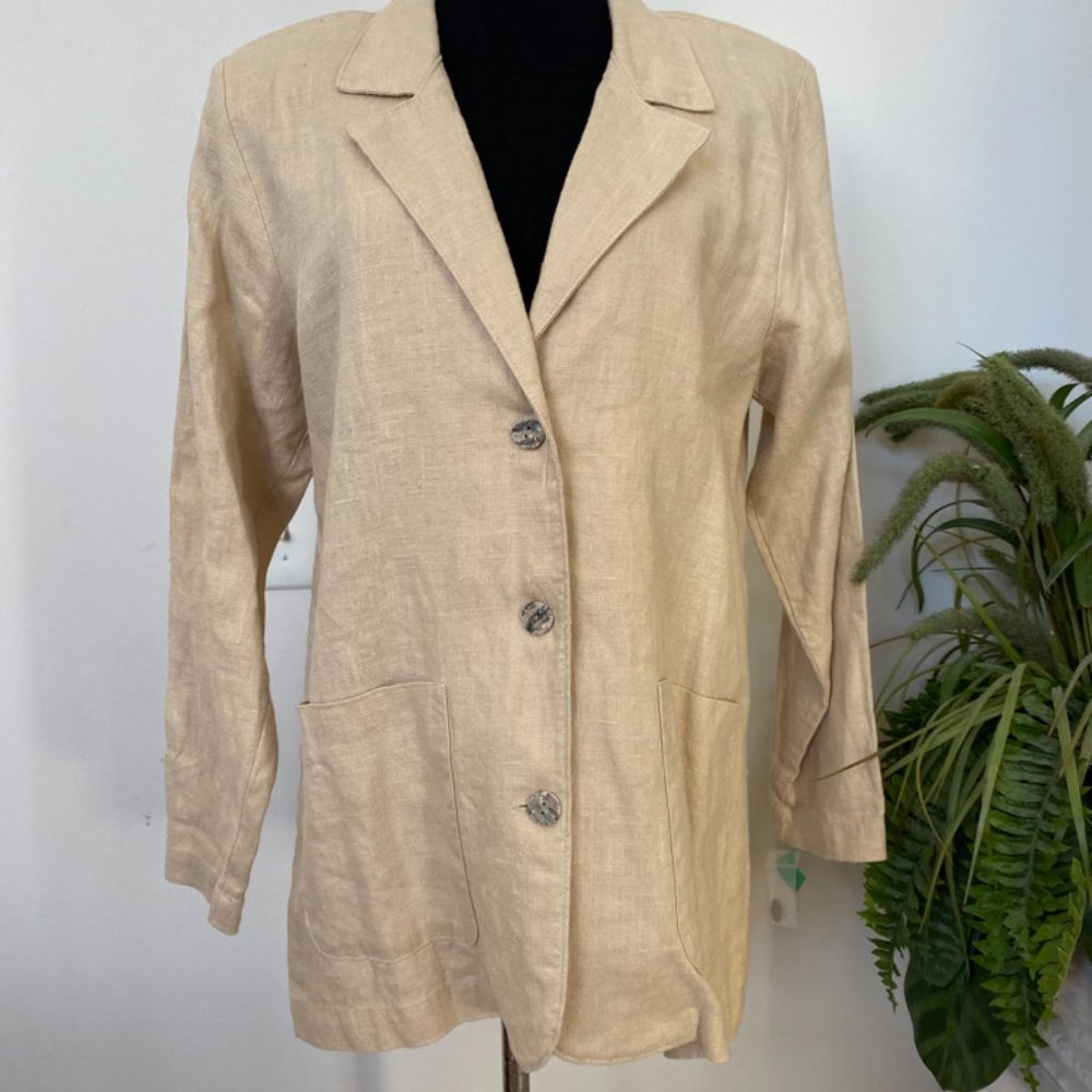 New Orvis Beige 100% Flax Minimalist Button Closure Boho Blazer Size M